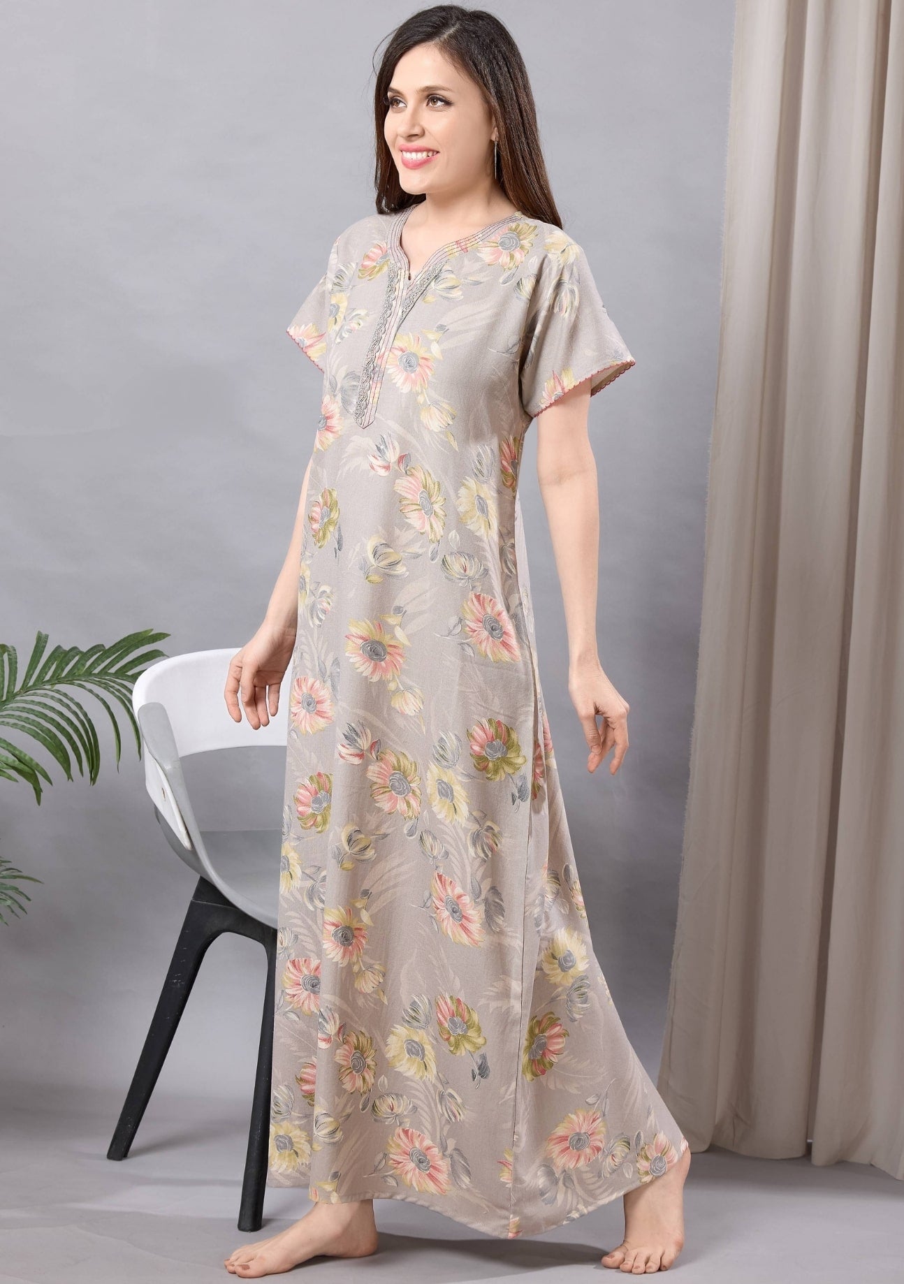 Aurora Beige-Gray Floral Lace Nightgown
