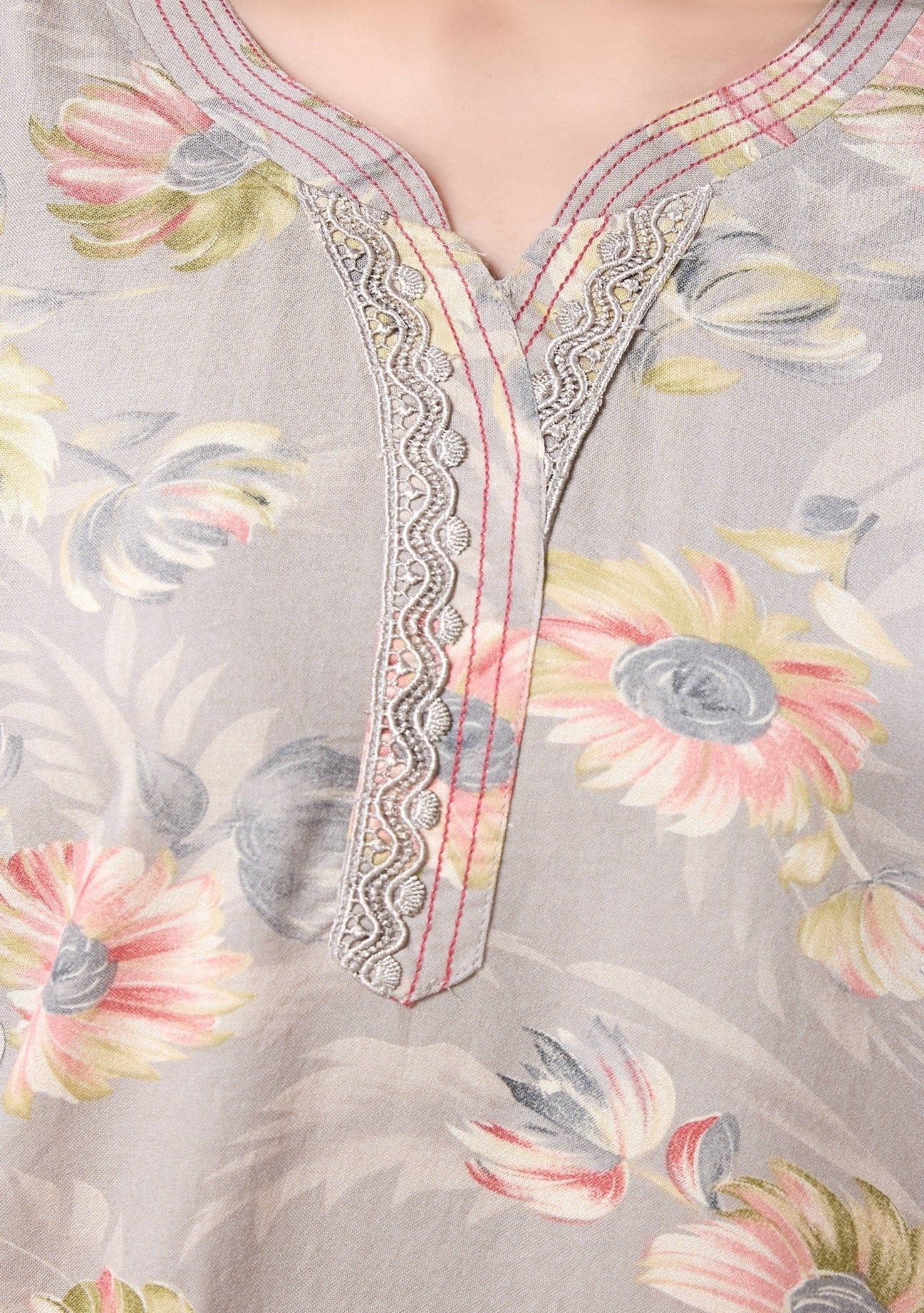 Aurora Beige-Gray Floral Lace Nightgown