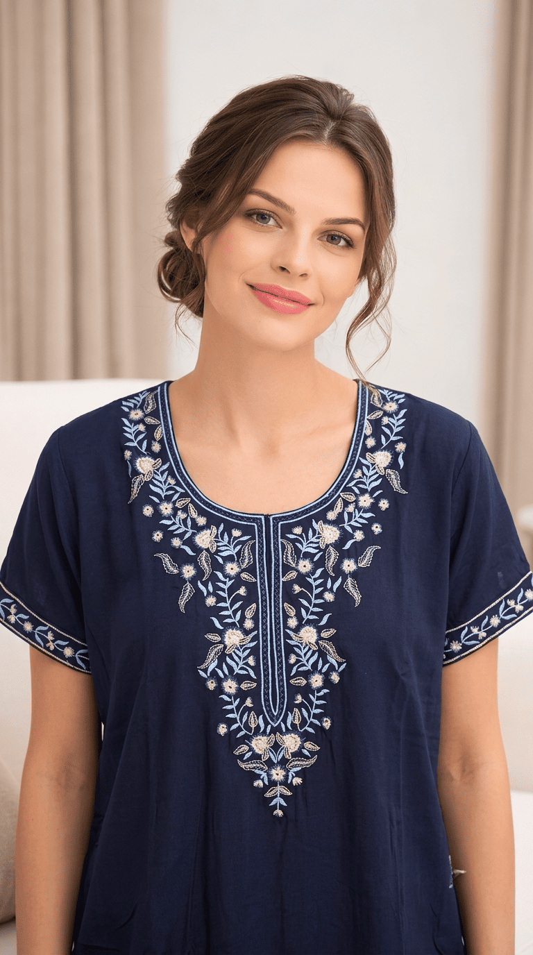 Aura Ink Blue Bloom Embroidered Nightgown