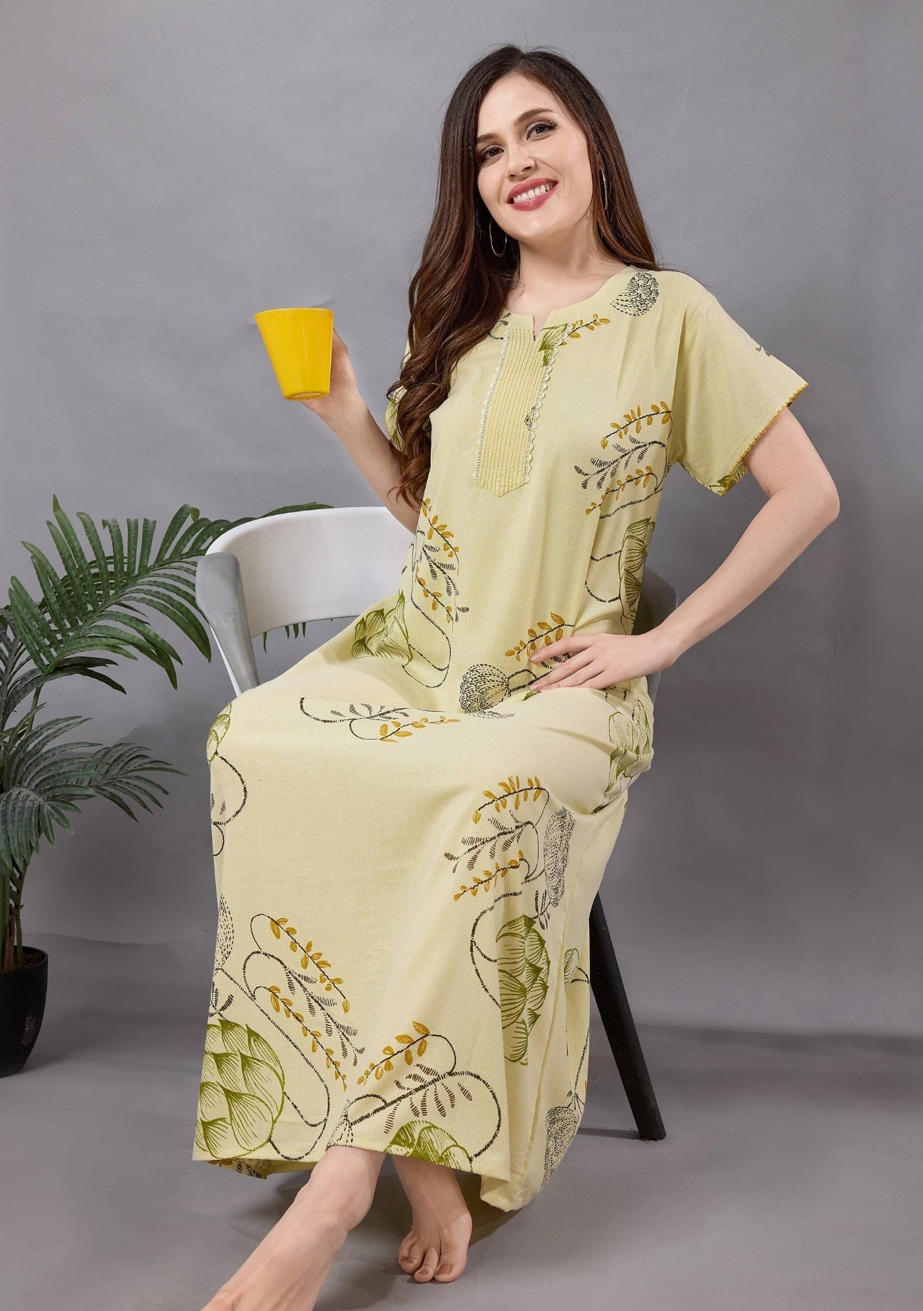 Iris Pastel Yellow Leaf Print Nightgown