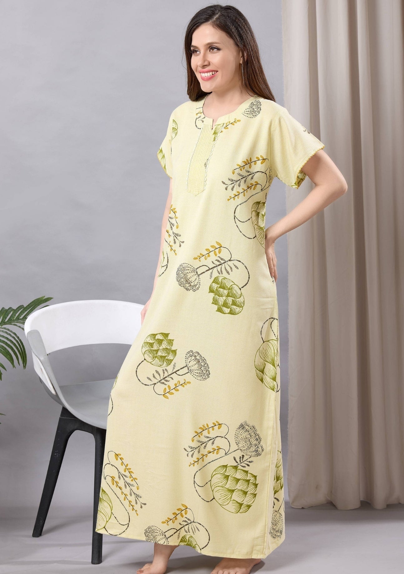 Iris Pastel Yellow Leaf Print Nightgown