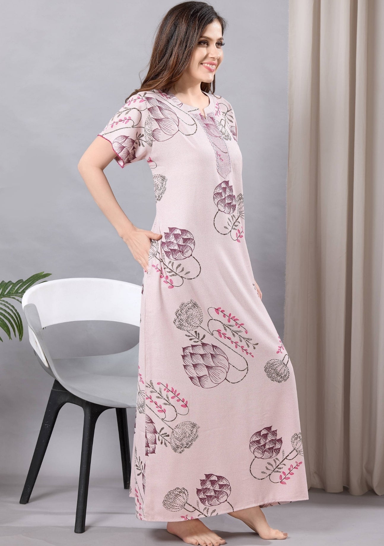 Iris Pastel Pink Leaf Print Nightgown