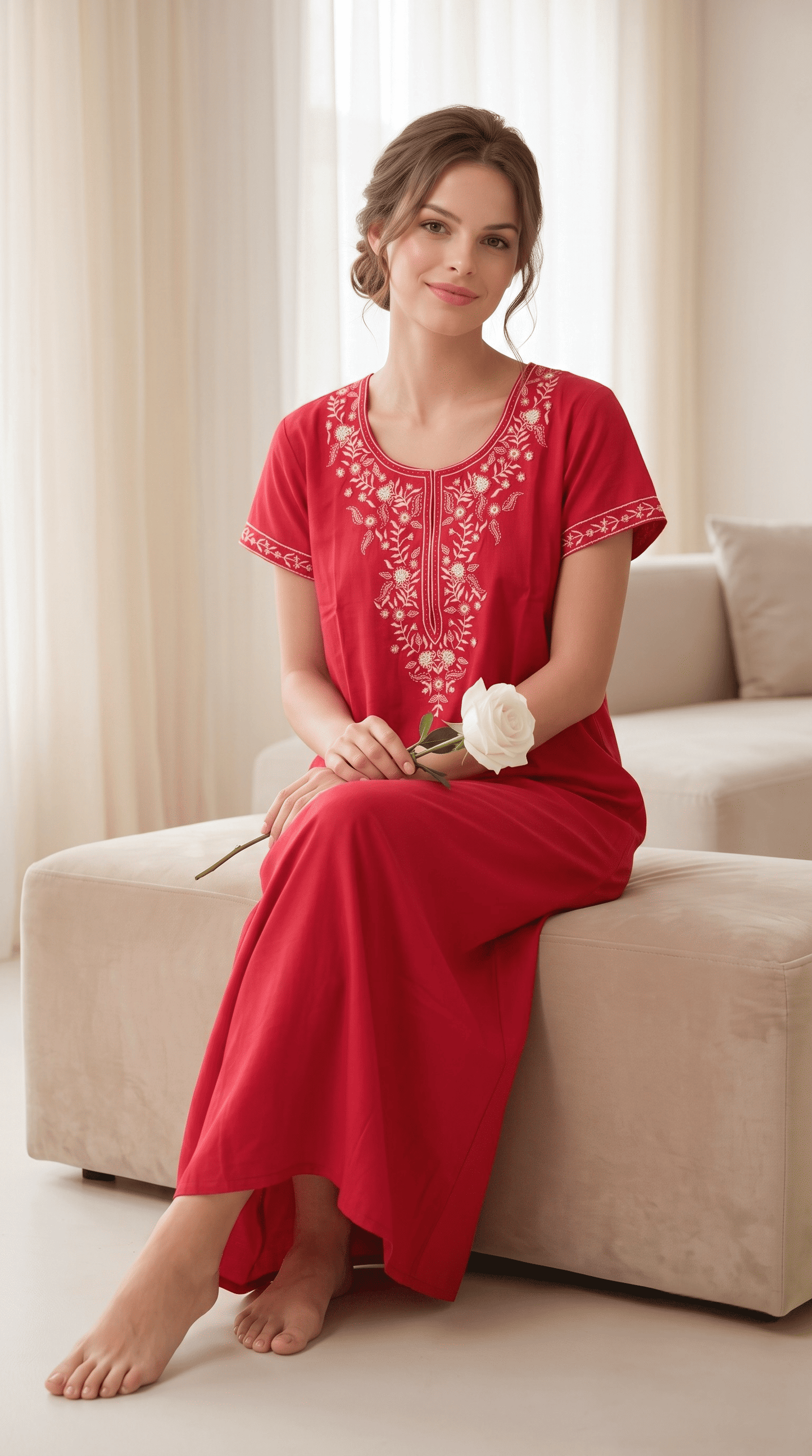 Aura Red Bloom Embroidered Nightgown