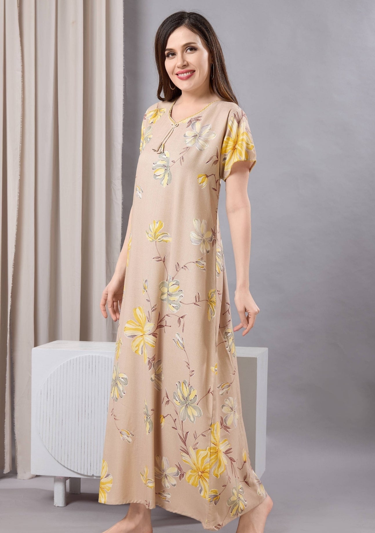 Daisy Mocha Floral Tie-Neck Nightgown