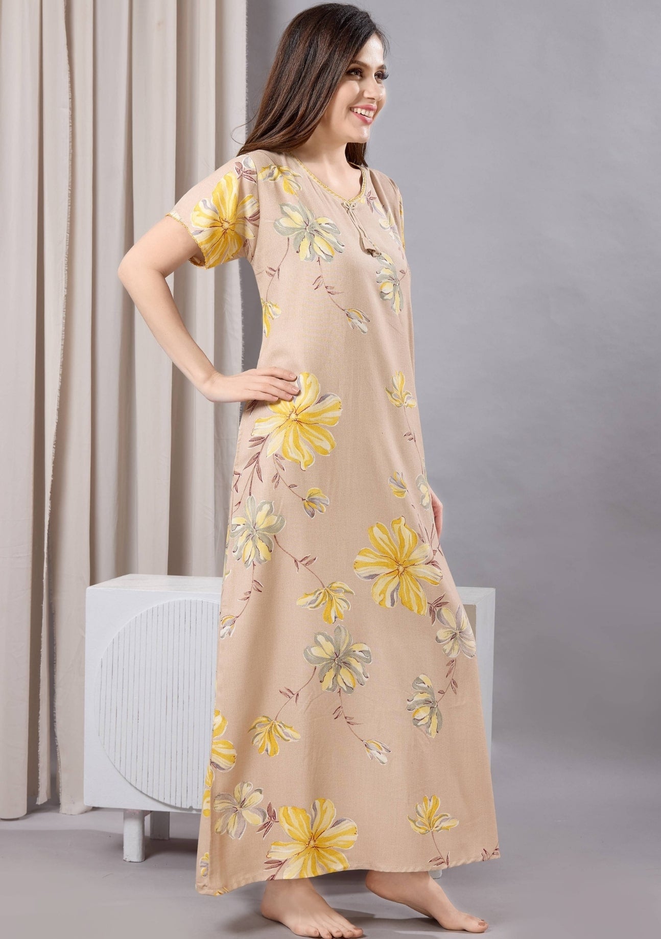 Daisy Mocha Floral Tie-Neck Nightgown
