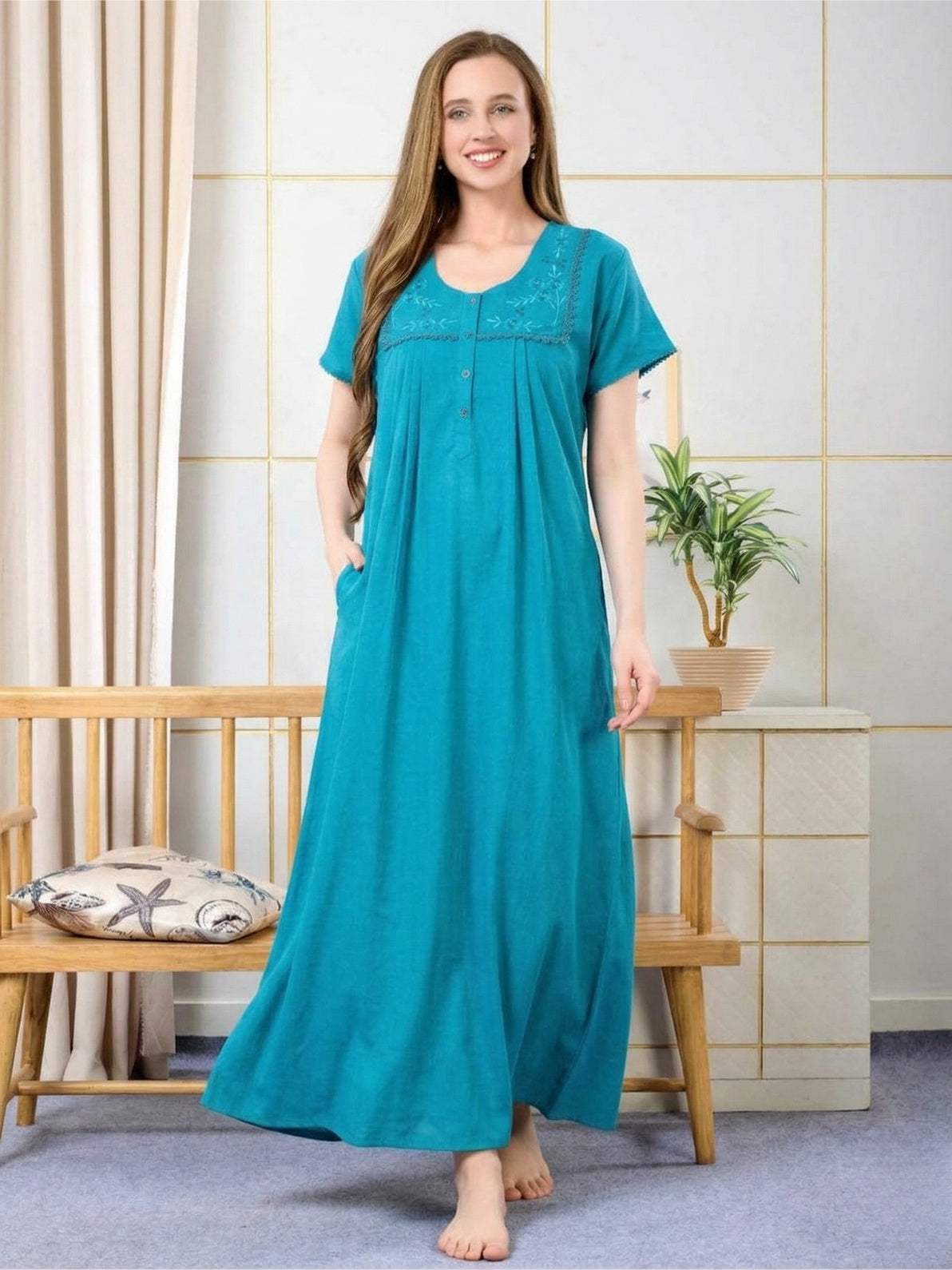 Lisa Teal Blue Thread Embroidered Nightgown