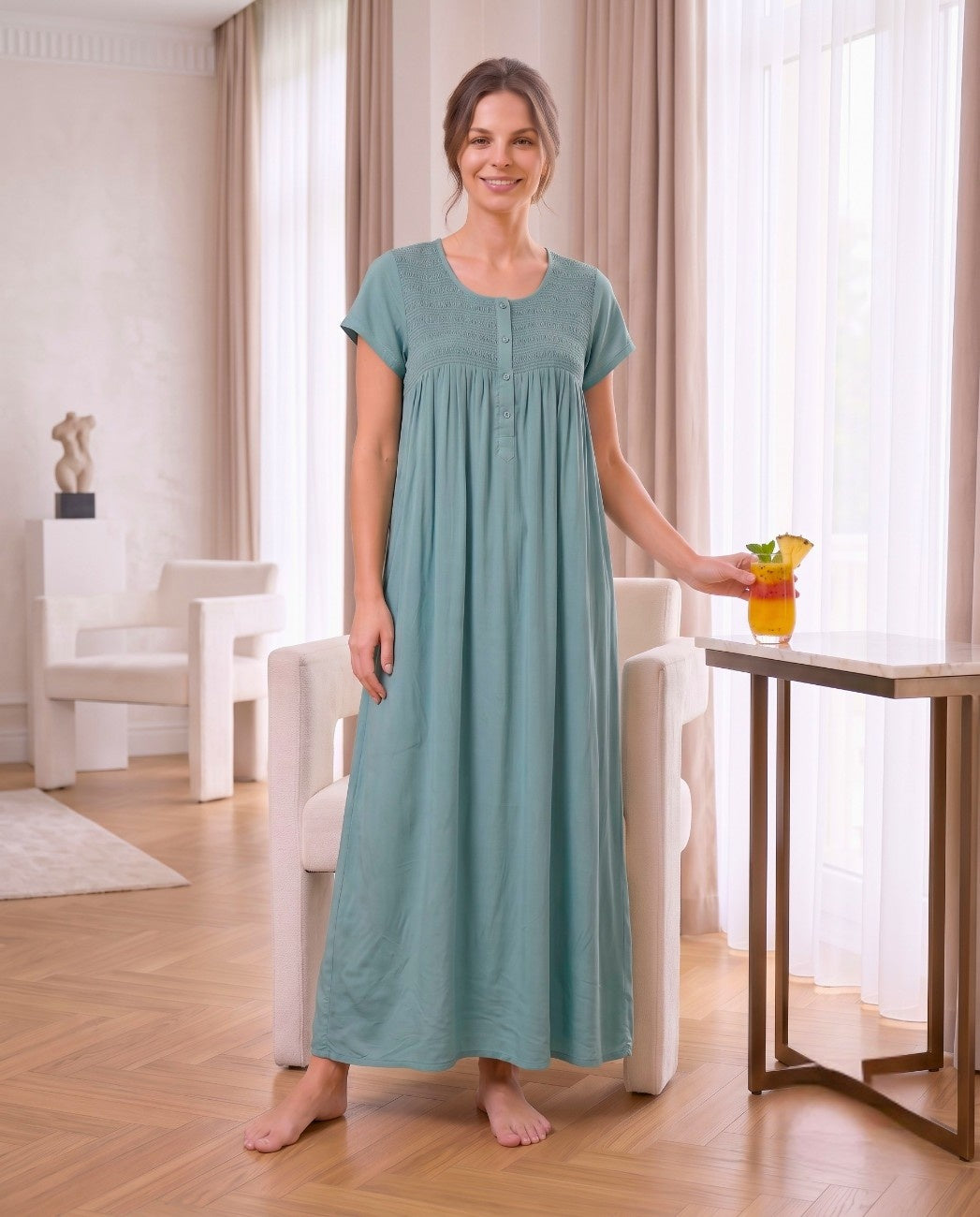 RUBY DUSTY TEAL SMOCKED NIGHTGOWN