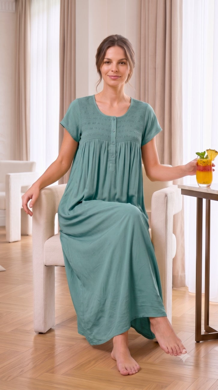 RUBY DUSTY TEAL SMOCKED NIGHTGOWN