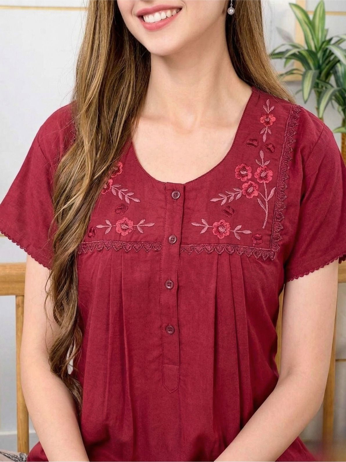 Lisa Rust Red Thread Embroidered Nightgown