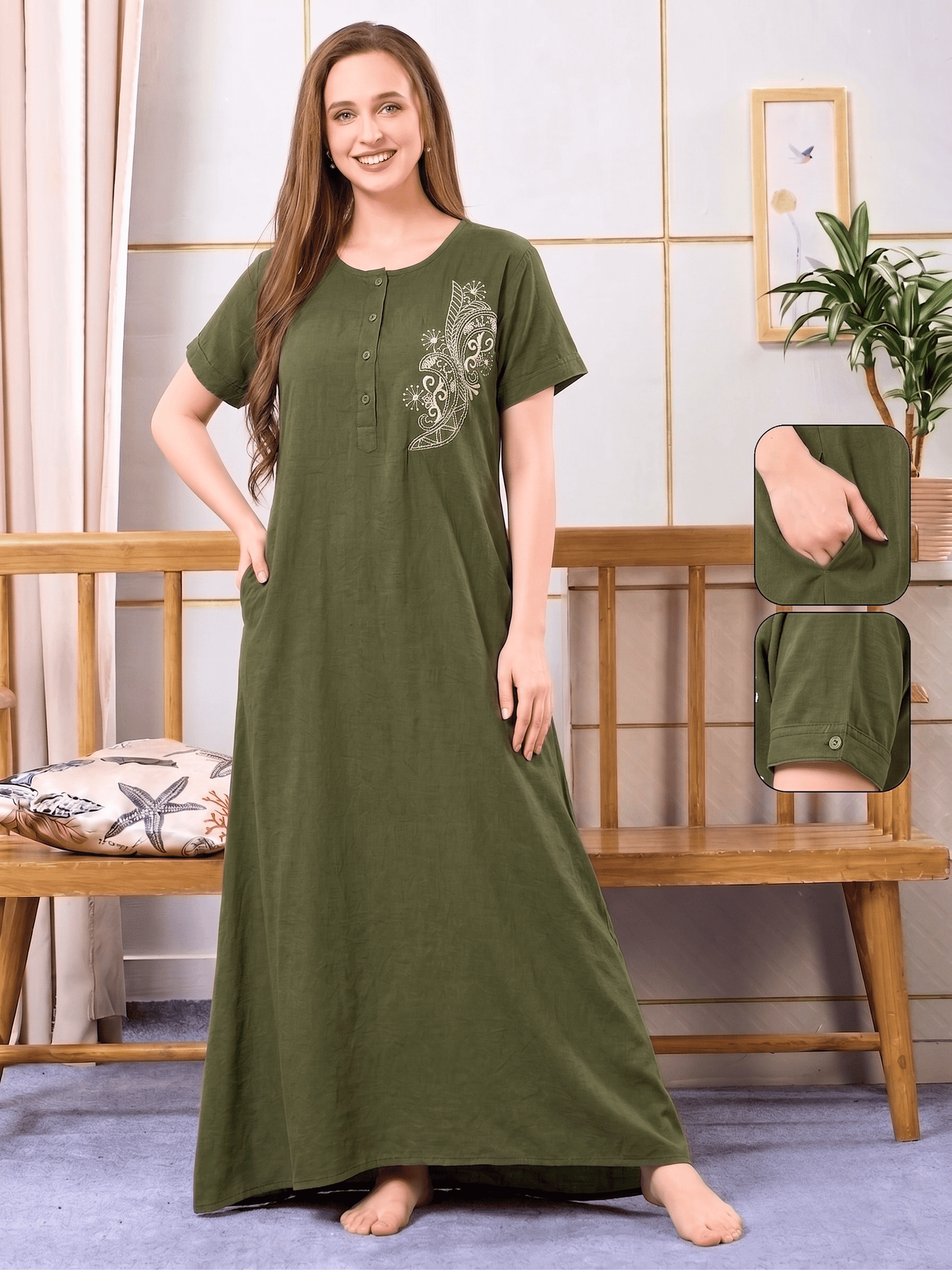 MIRA GREEN EMBROIDERED NIGHTGOWN