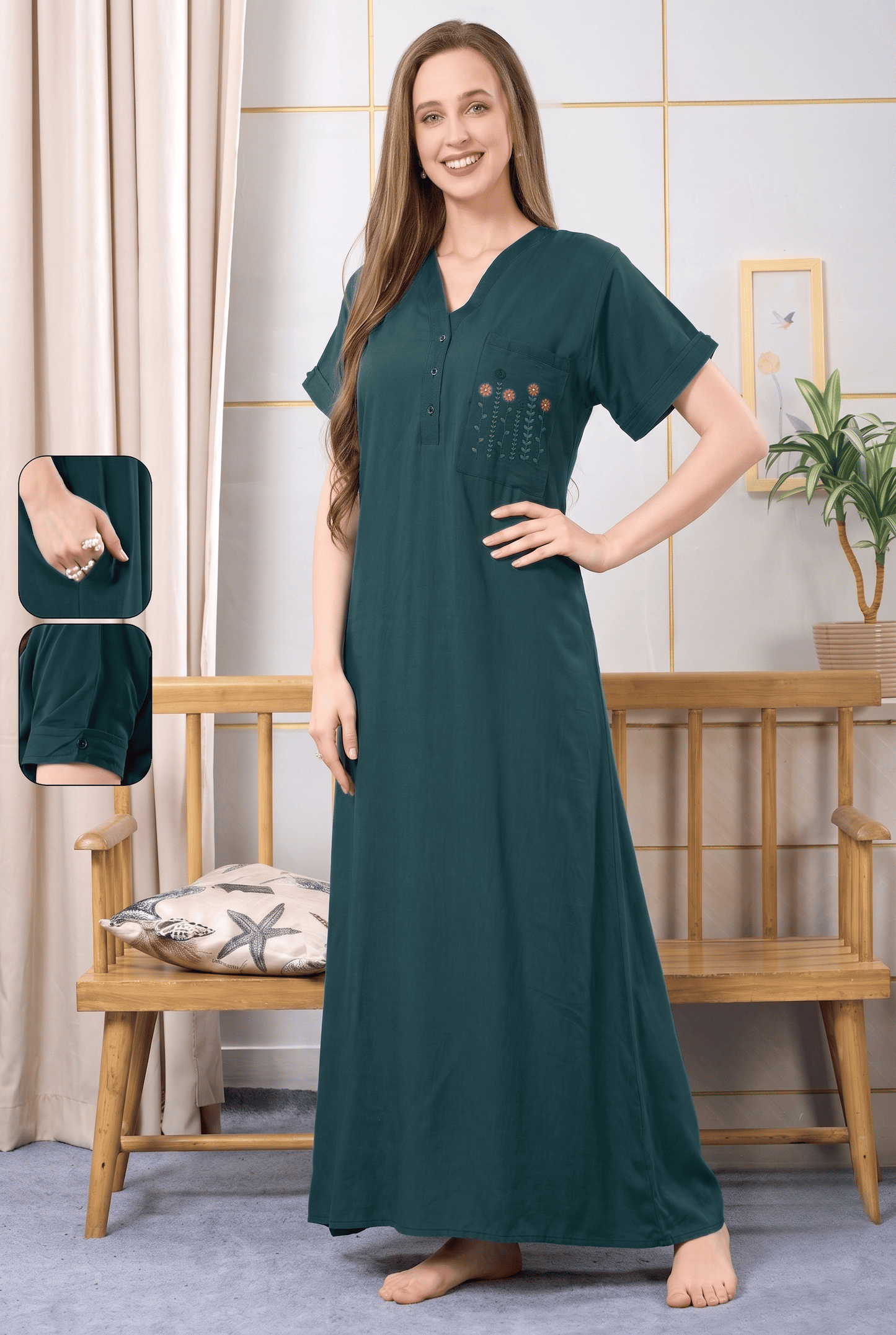 MIRA EMERALD GREEN EMBROIDERED NIGHTGOWN