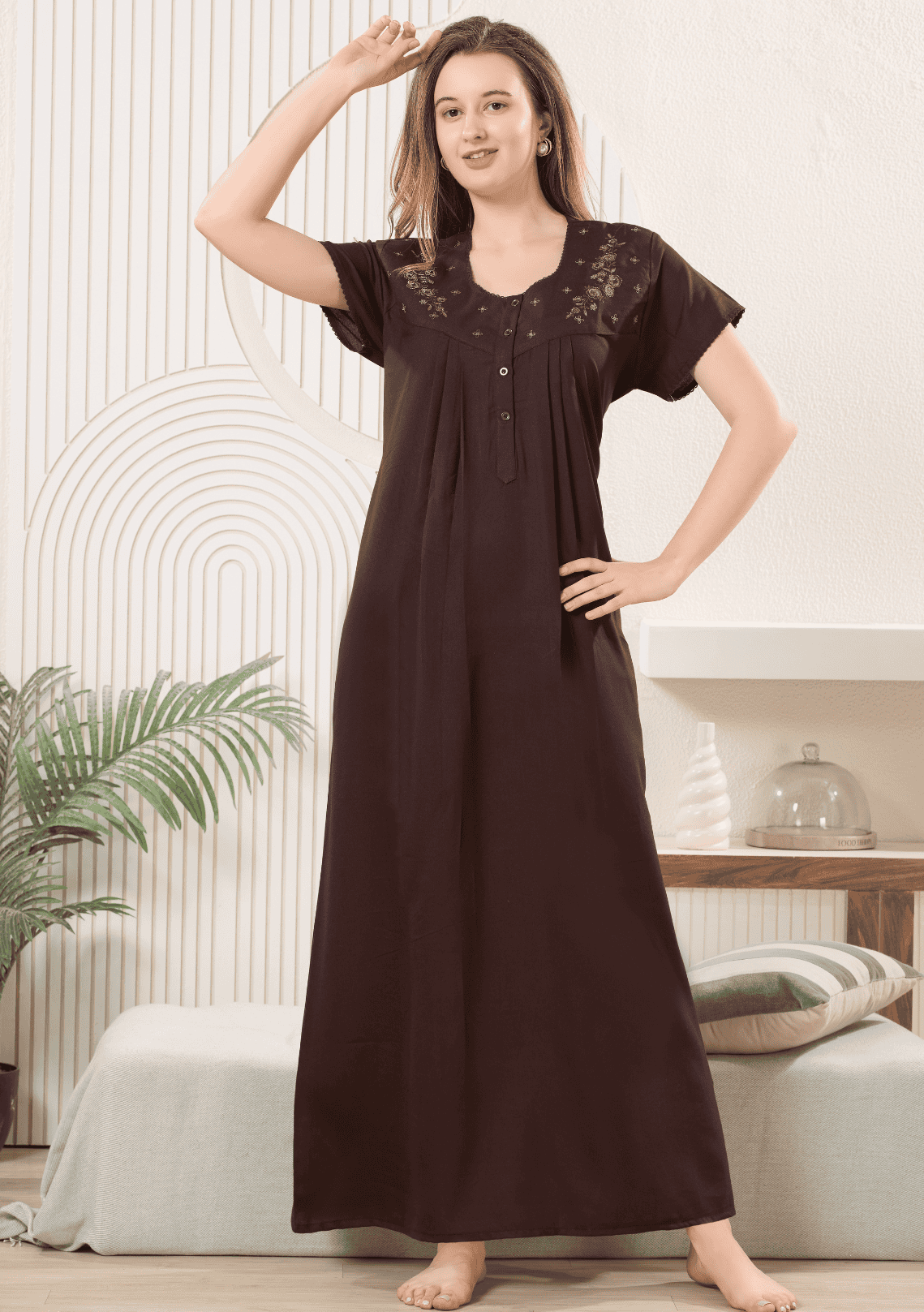 Anaya Brown Floral Embroidered Nightgown