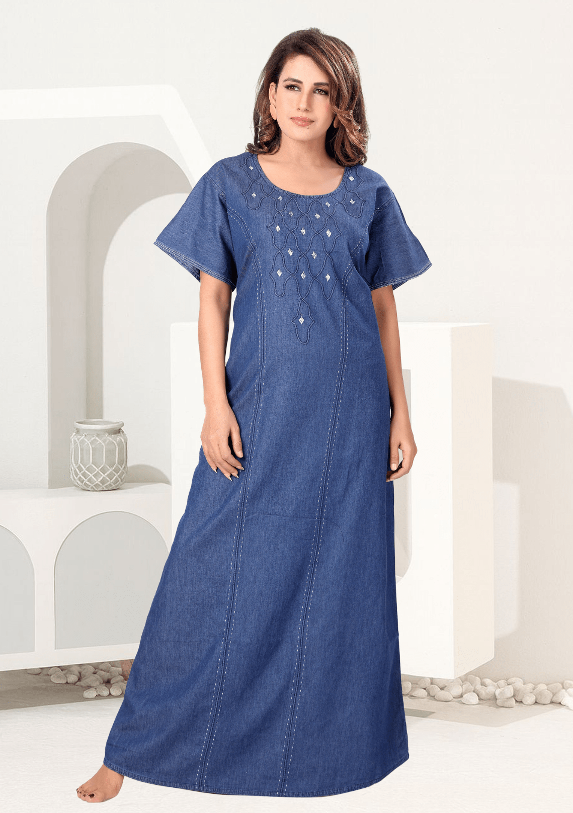 Bella  Dark Denim Embroidered Nightgown