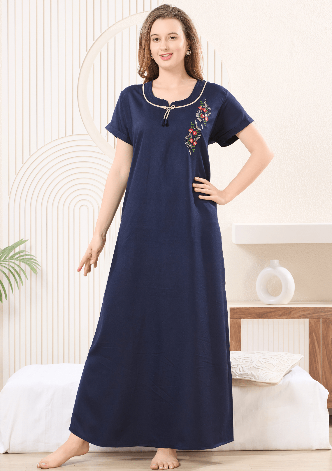 Myra Midnight Blue  Floral Tie-Neck Nightgown