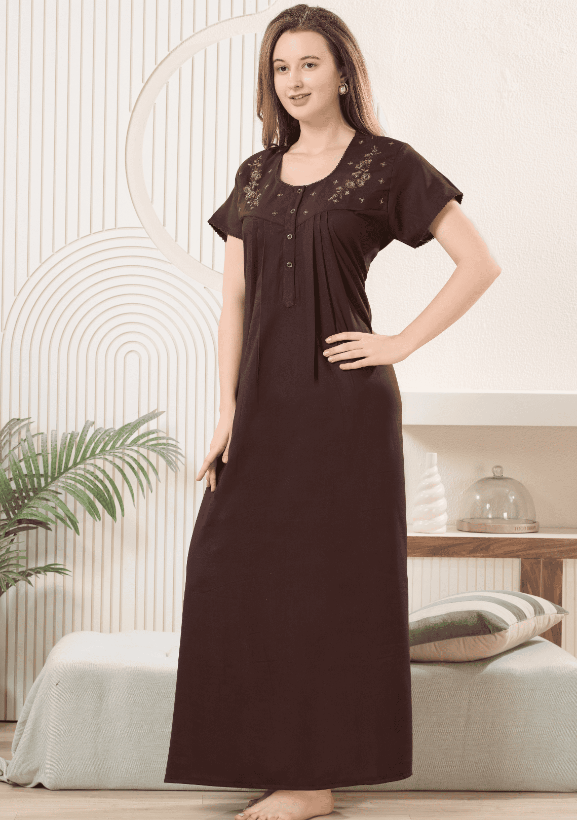 Anaya Brown Floral Embroidered Nightgown