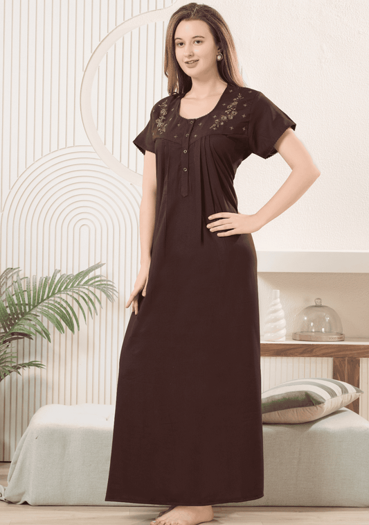 Anaya Brown Floral Embroidered Nightgown