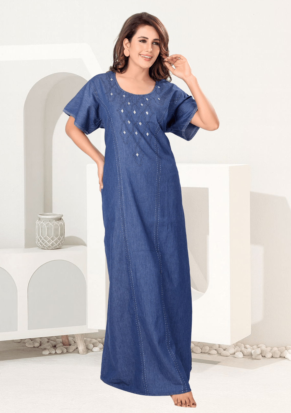 Bella  Dark Denim Embroidered Nightgown