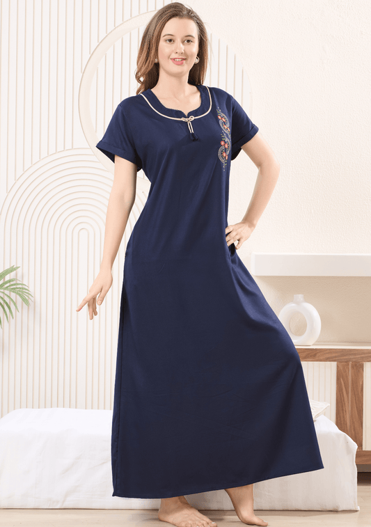 Myra Midnight Blue  Floral Tie-Neck Nightgown