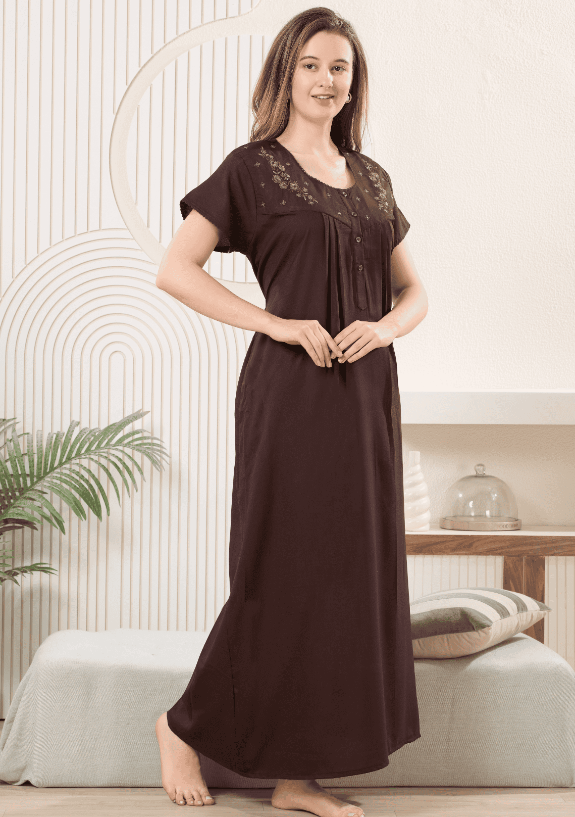 Anaya Brown Floral Embroidered Nightgown