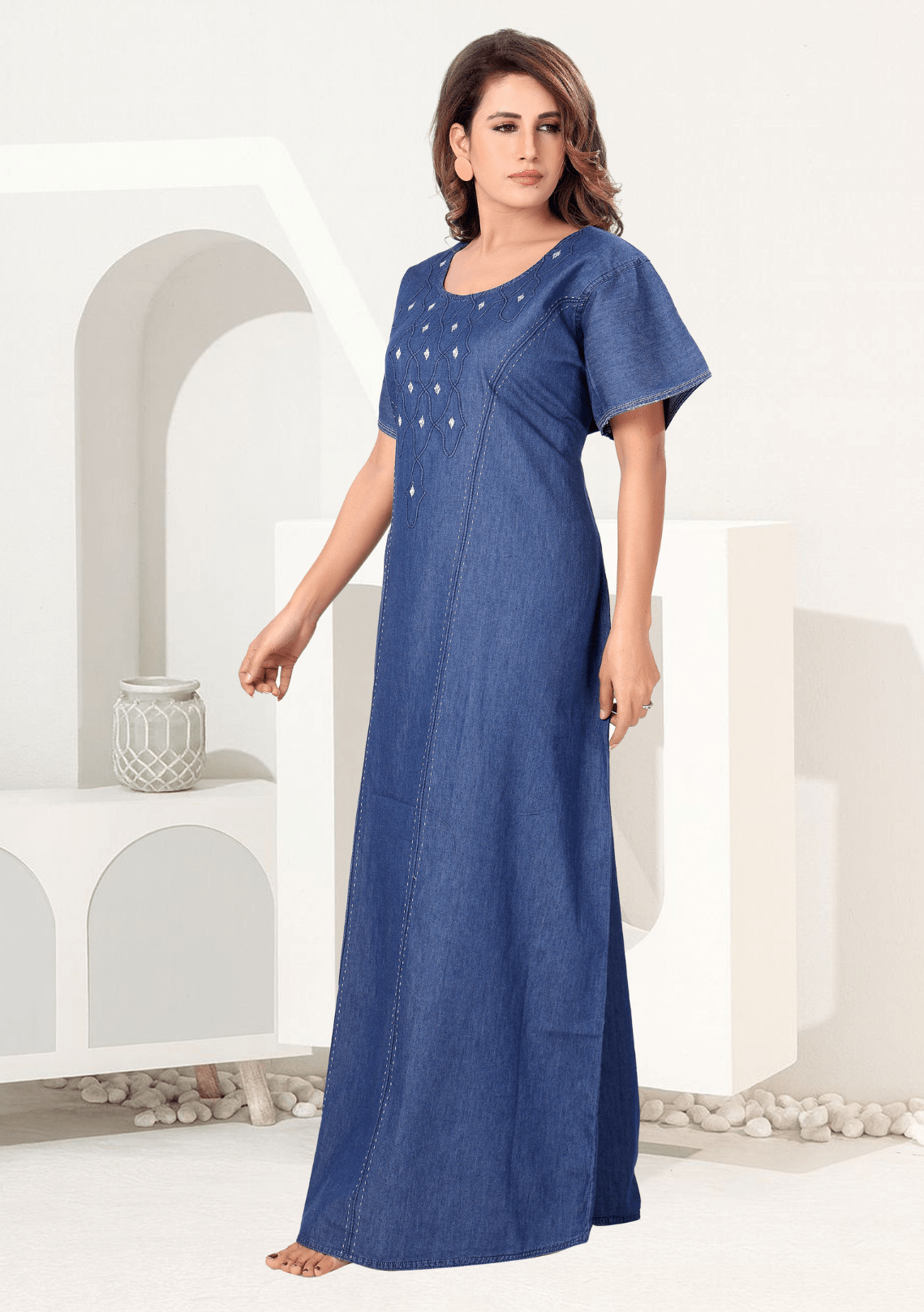 Bella  Dark Denim Embroidered Nightgown
