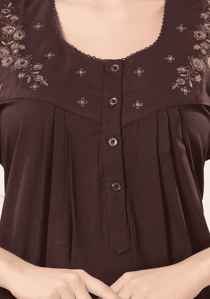 Anaya Brown Floral Embroidered Nightgown