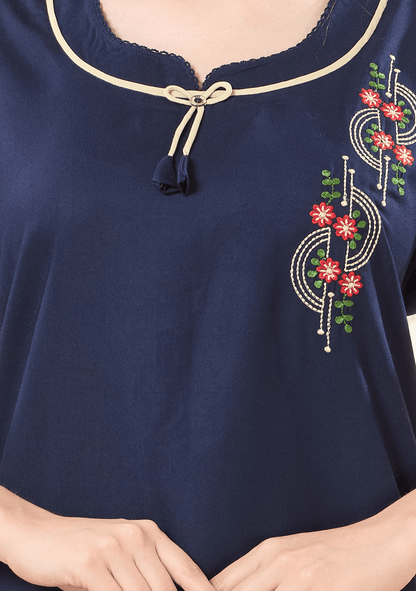 Myra Midnight Blue  Floral Tie-Neck Nightgown