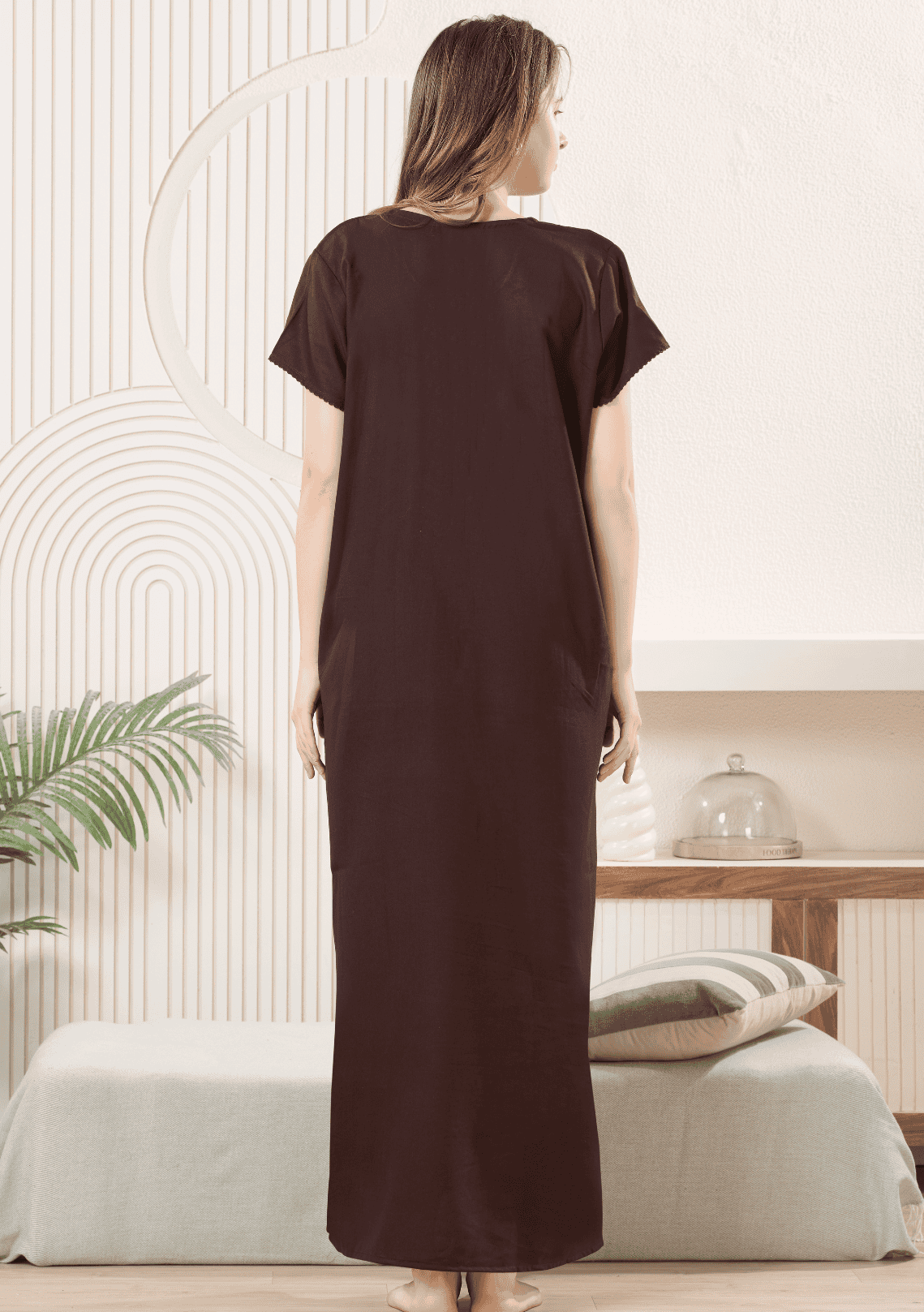 Anaya Brown Floral Embroidered Nightgown