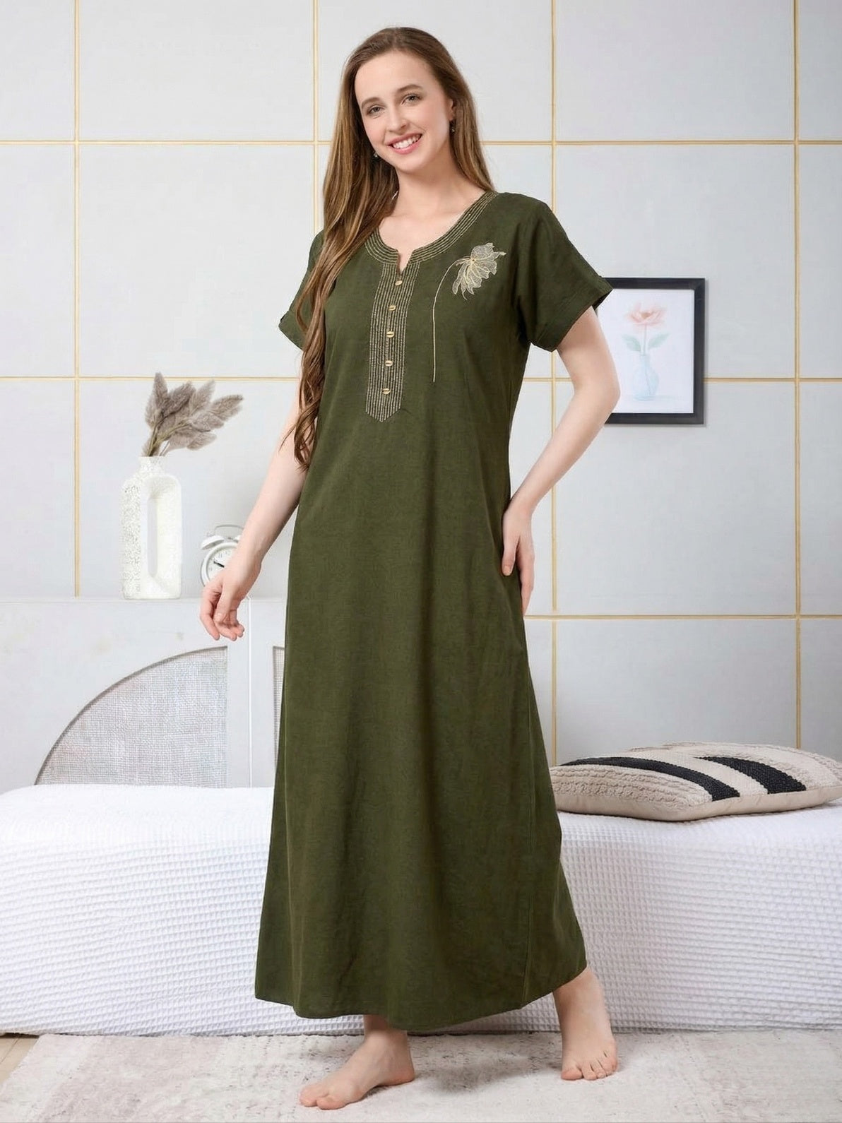 Arlina Olive Green Leaf Embroidered Nightgown