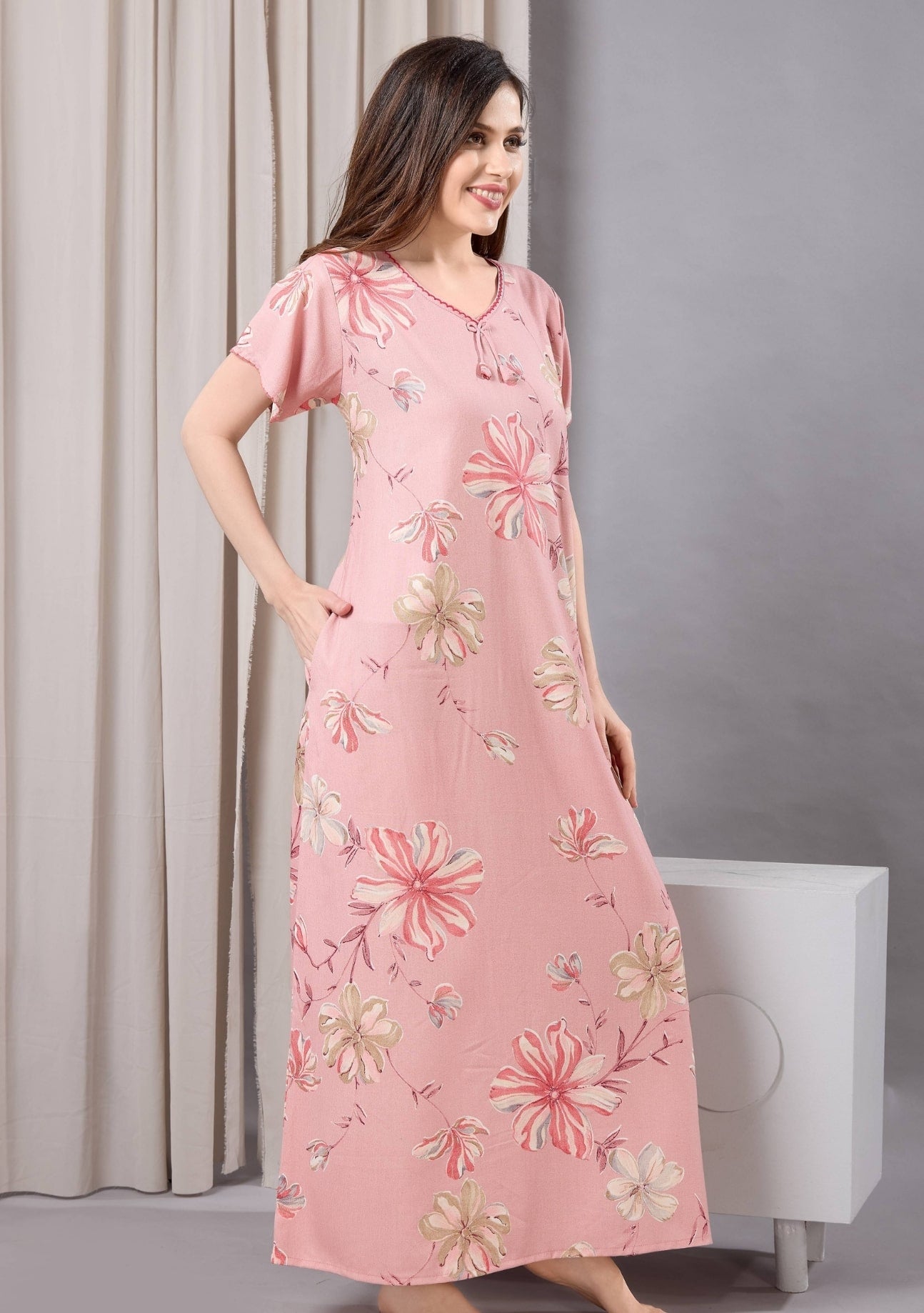 Daisy Pink Floral Tie-Neck Nightgown