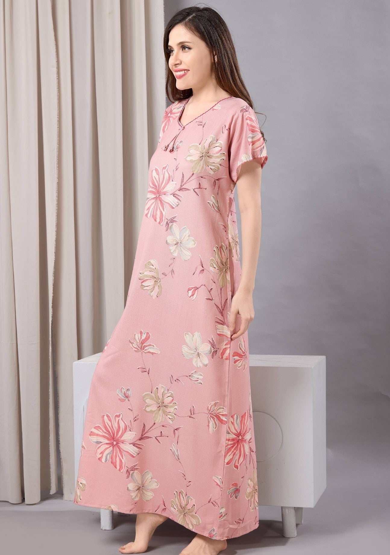 Daisy Pink Floral Tie-Neck Nightgown