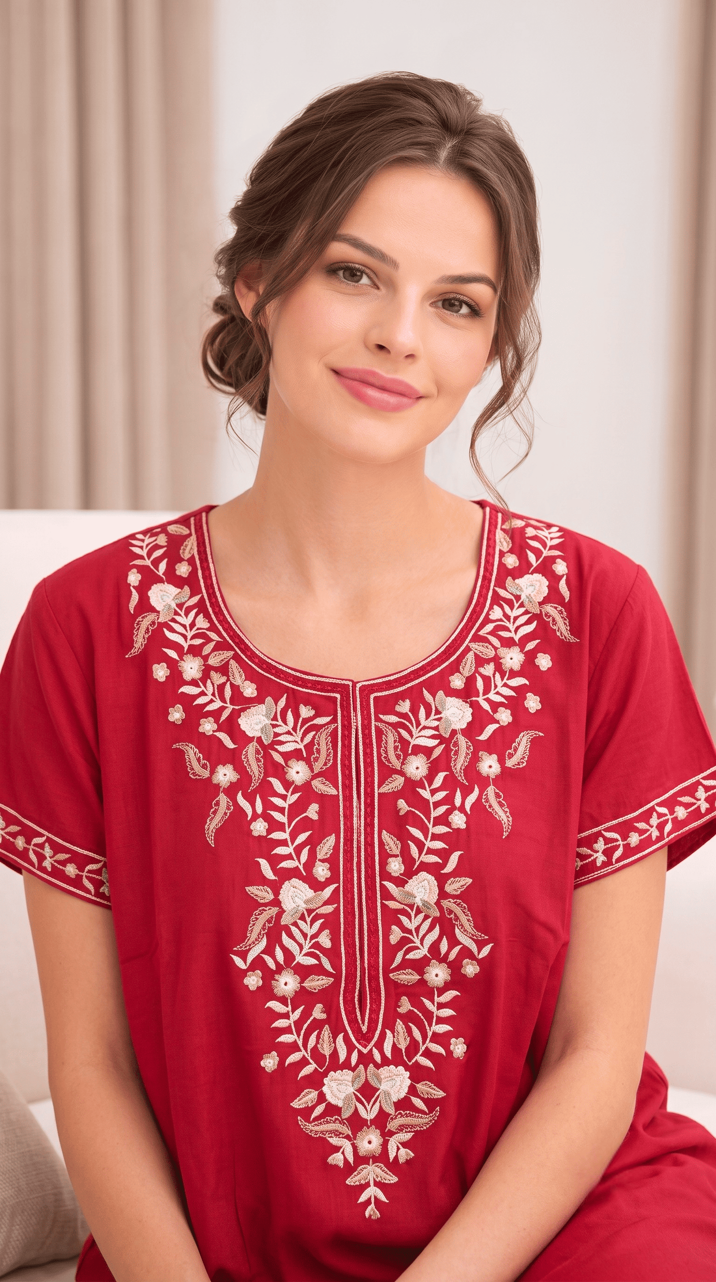 Aura Red Bloom Embroidered Nightgown
