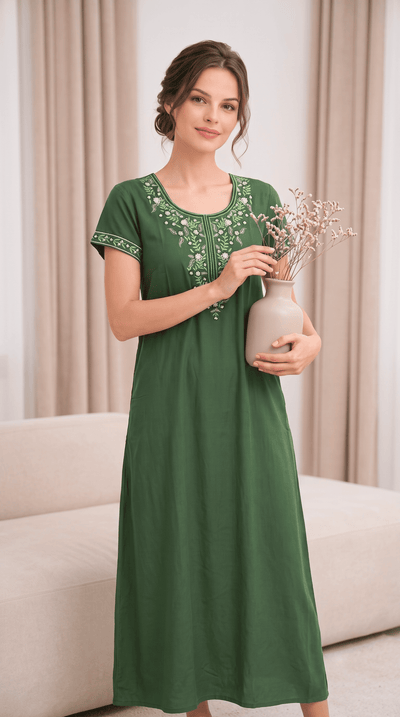 Aura Forest Green Bloom Embroidered Nightgown
