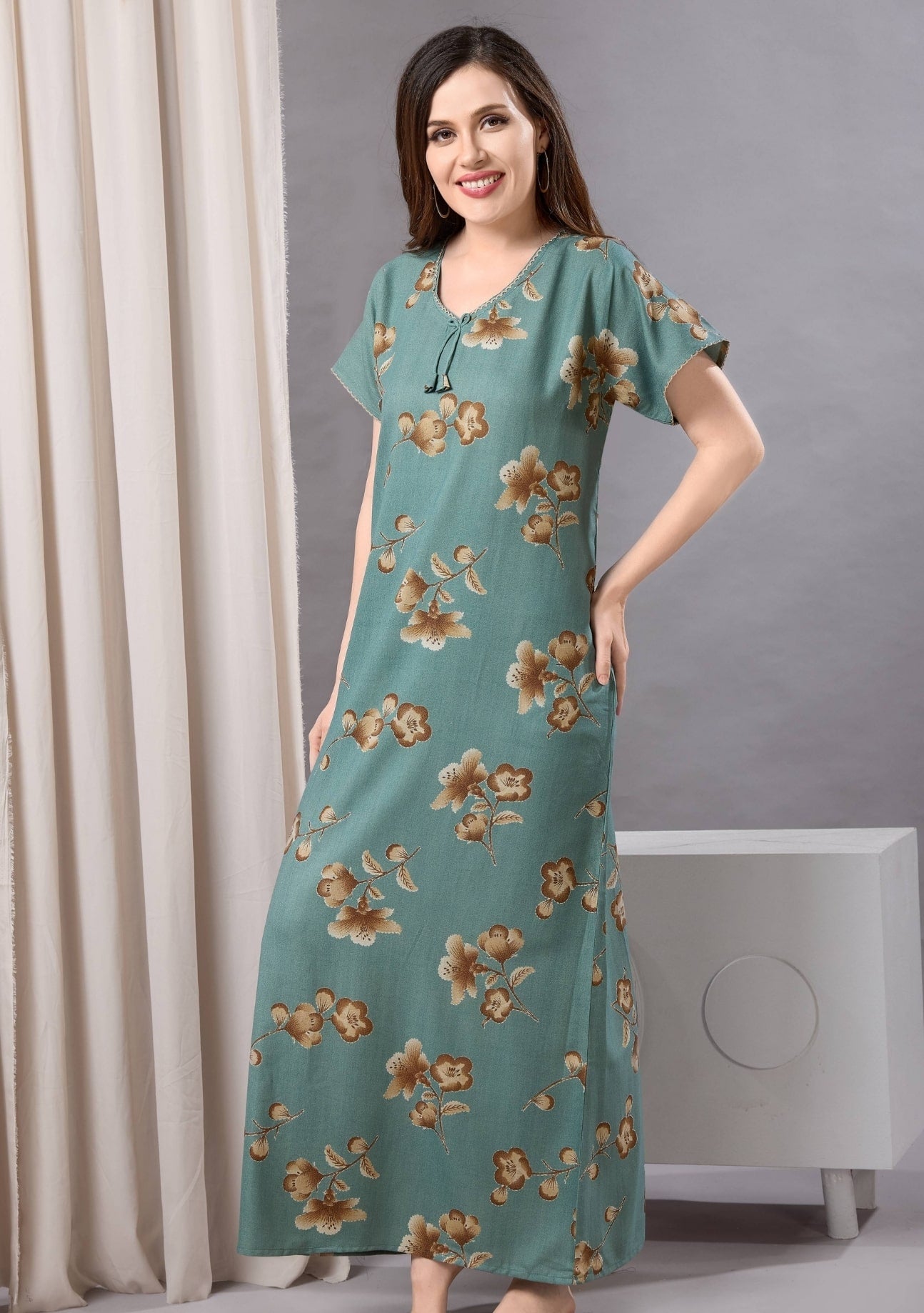 Cherry Olive Tie-Neck Nightgown
