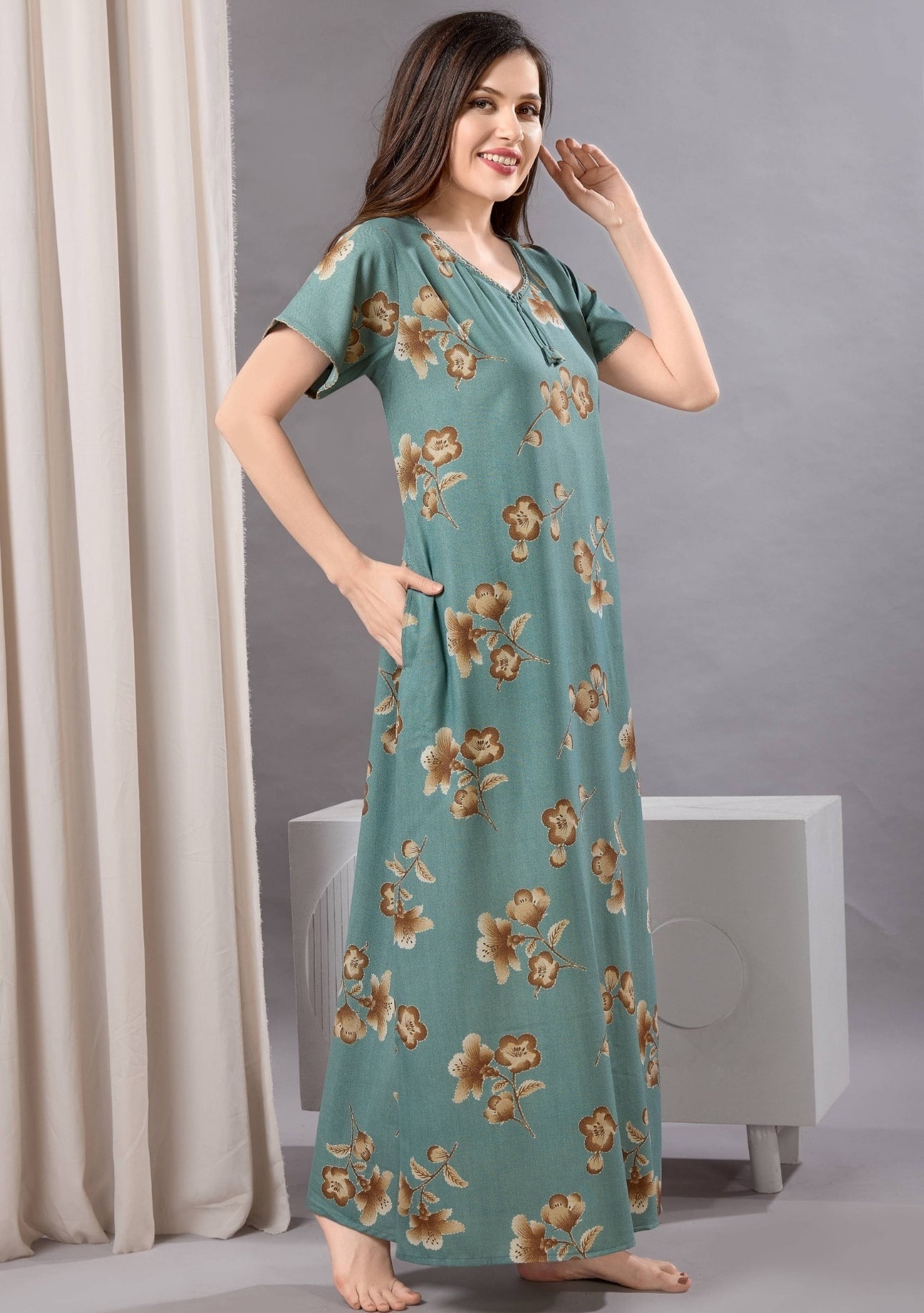 Cherry Olive Tie-Neck Nightgown