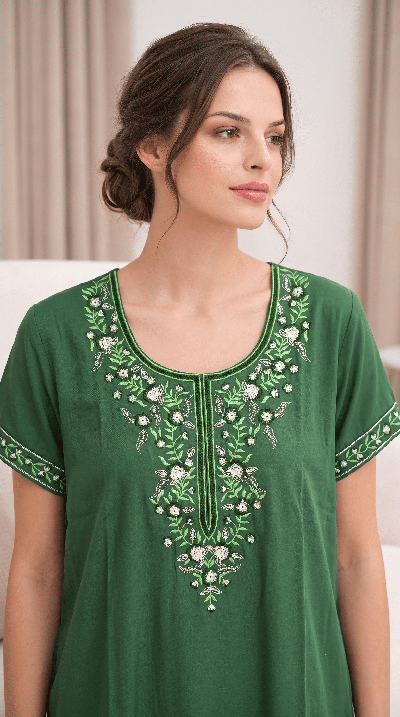 Aura Forest Green Bloom Embroidered Nightgown