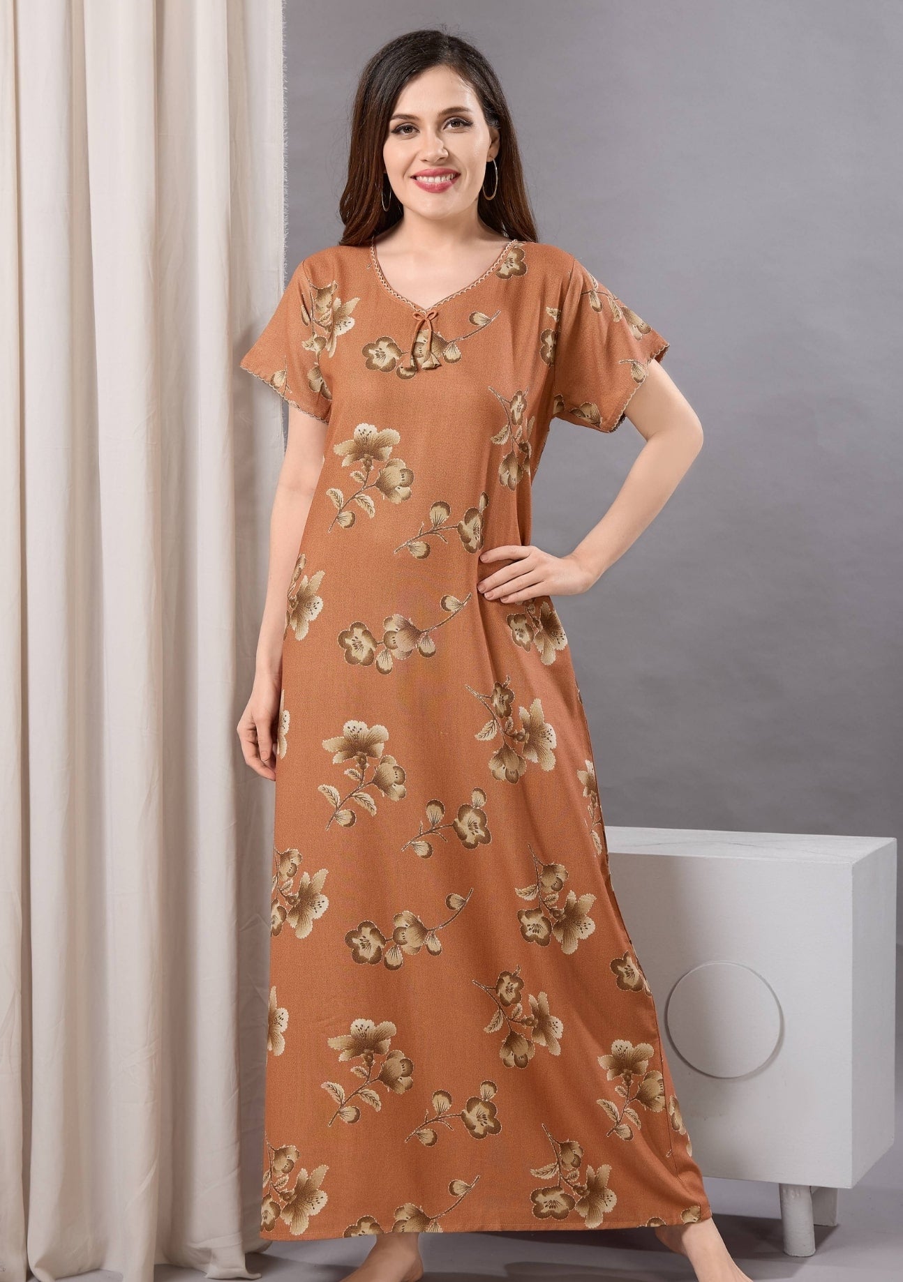 Cherry Orange Tie-Neck Nightgown