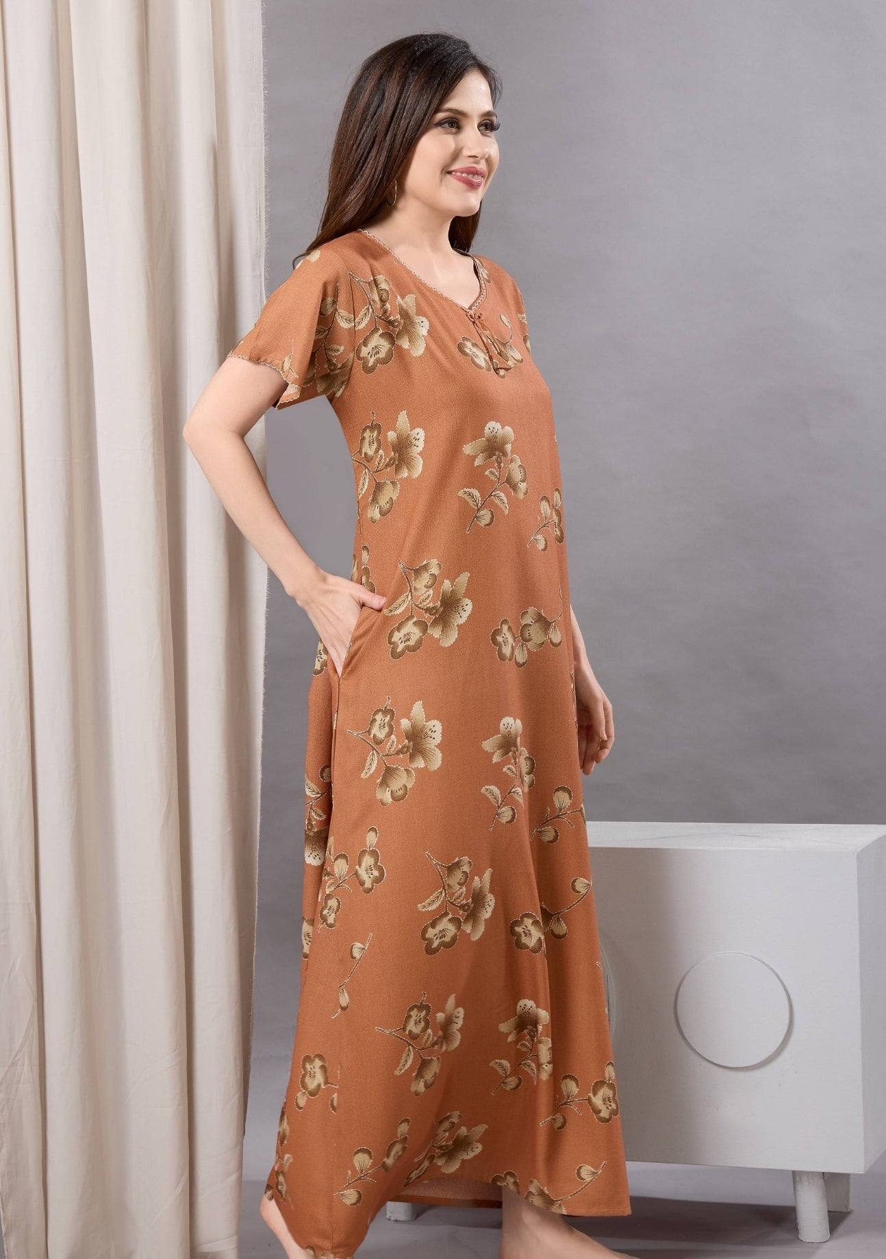 Cherry Orange Tie-Neck Nightgown