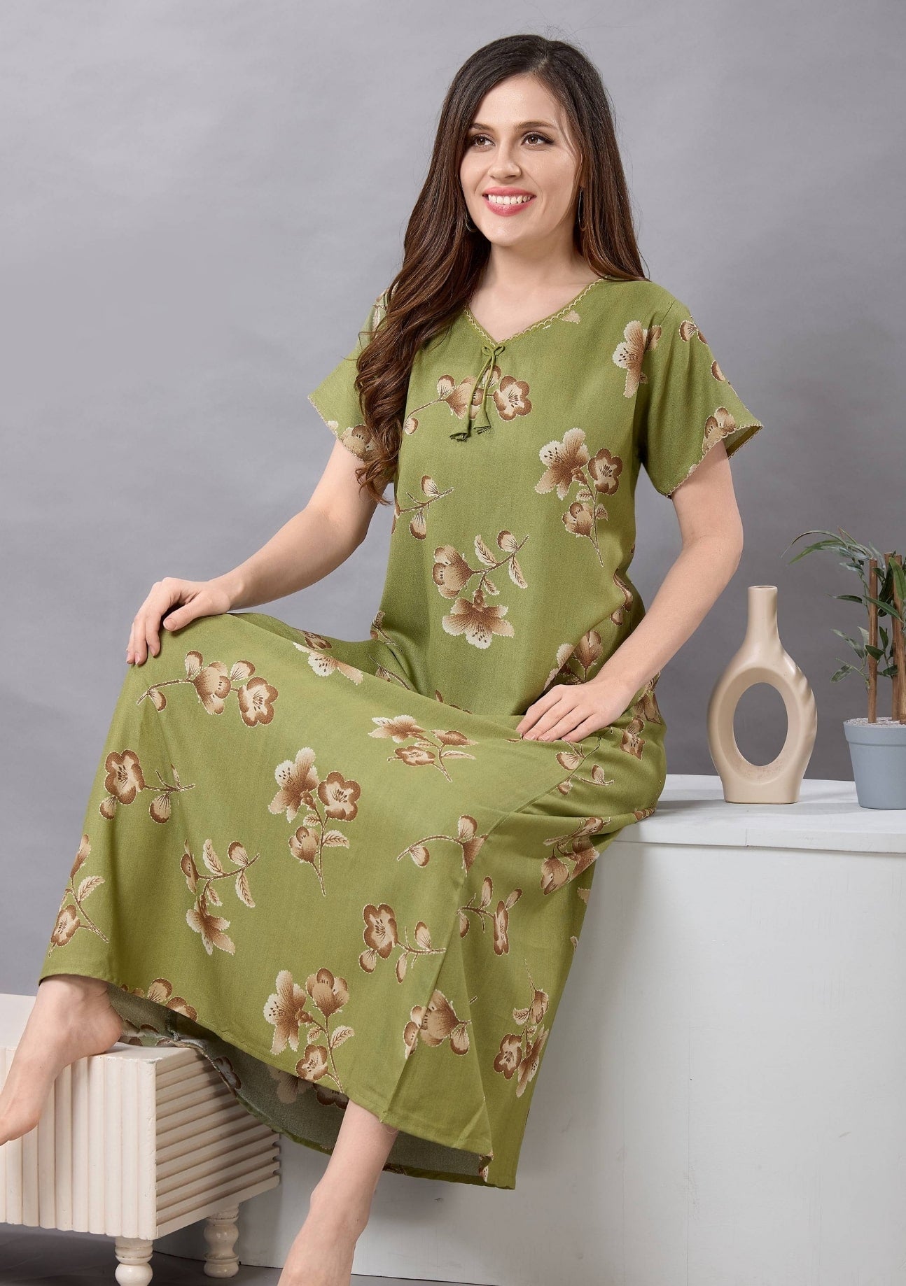 Cherry Leaf Green Tie-Neck Nightgown