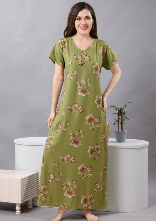 Cherry Leaf Green Tie-Neck Nightgown