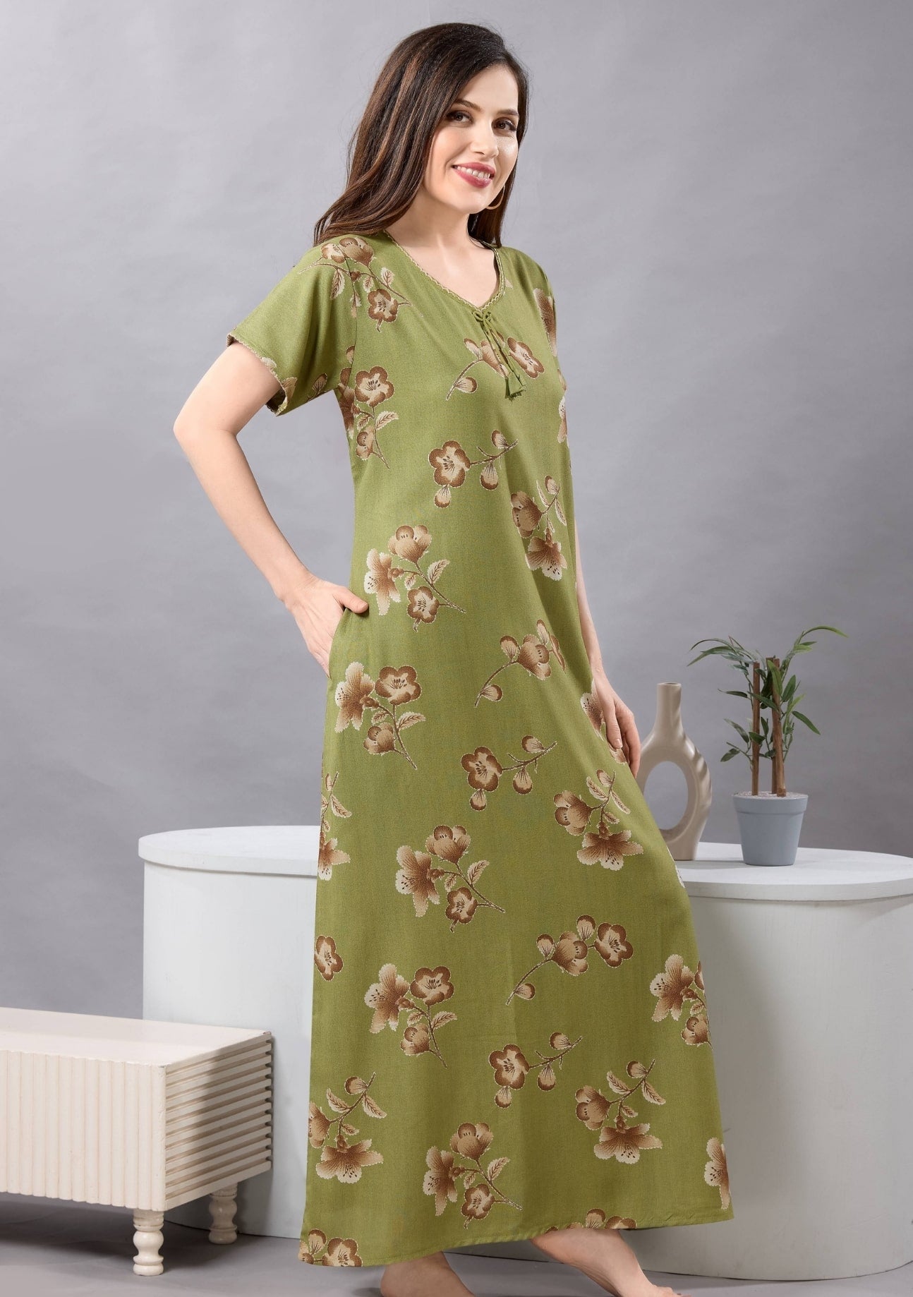 Cherry Leaf Green Tie-Neck Nightgown