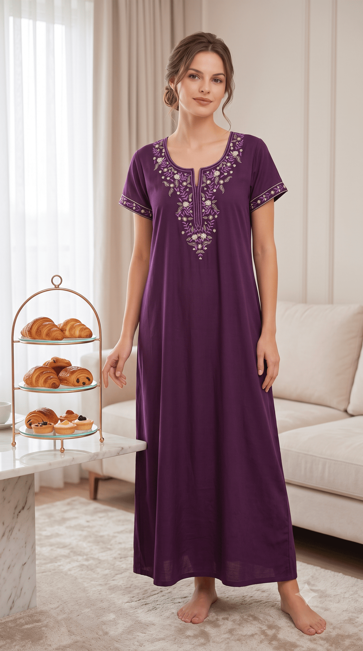 Aura Purple Bloom Embroidered Nightgown