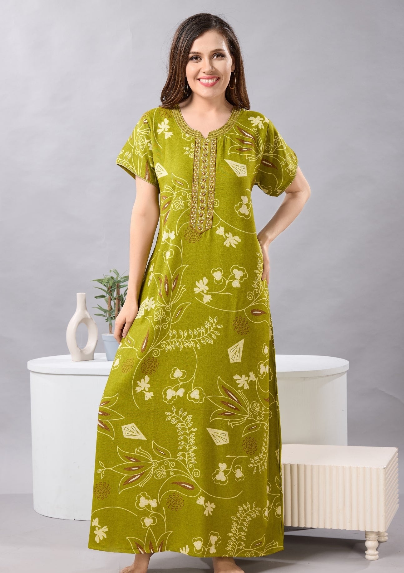 Lily Meadow Green Embroidered Nightgown
