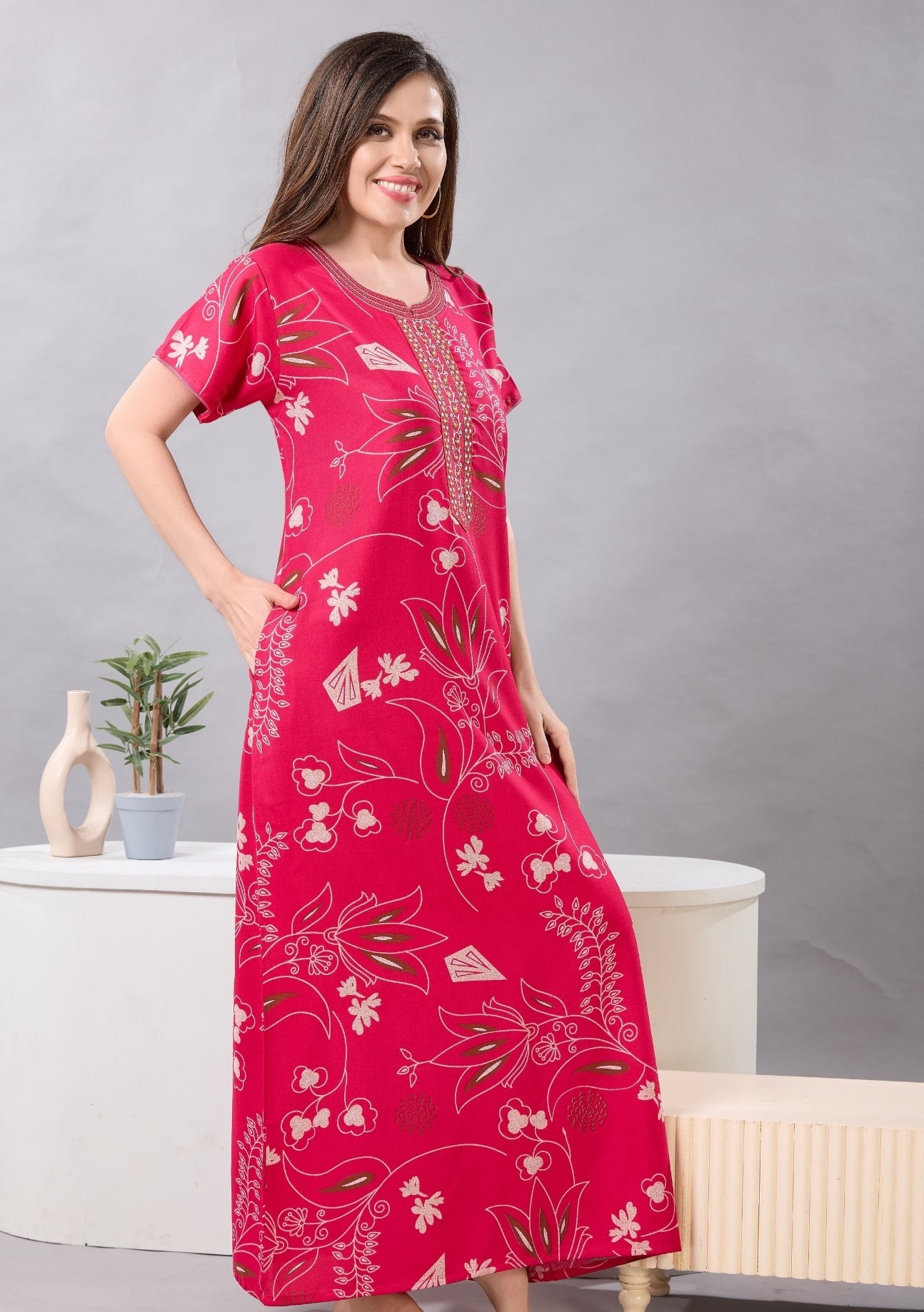 Lily Magenta Embroidered Nightgown