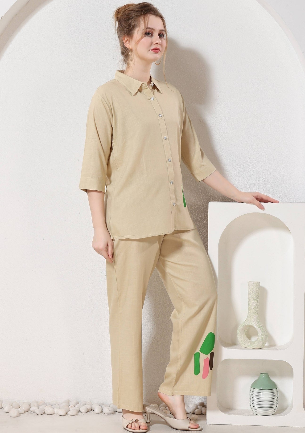 Riva Beige Thread Linen Co-ord Set