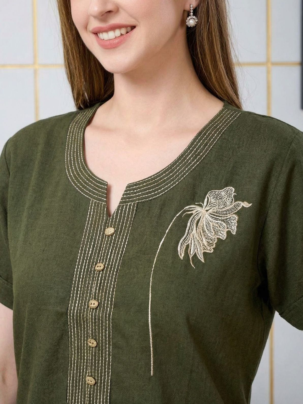 Arlina Olive Green Leaf Embroidered Nightgown