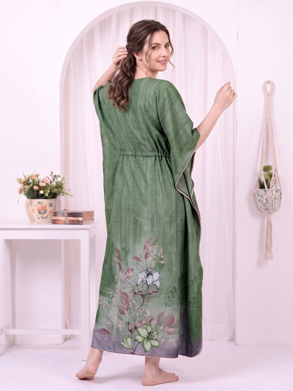 AVANI MEADOW GREEN BLOOM PRINTED KAFTAN