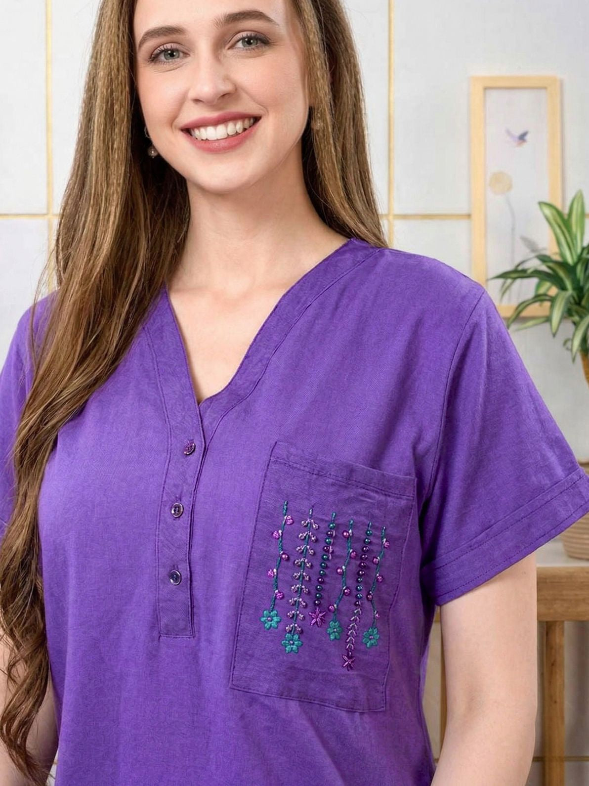 Inaya Lavender Pocket Embroidered Nightgown