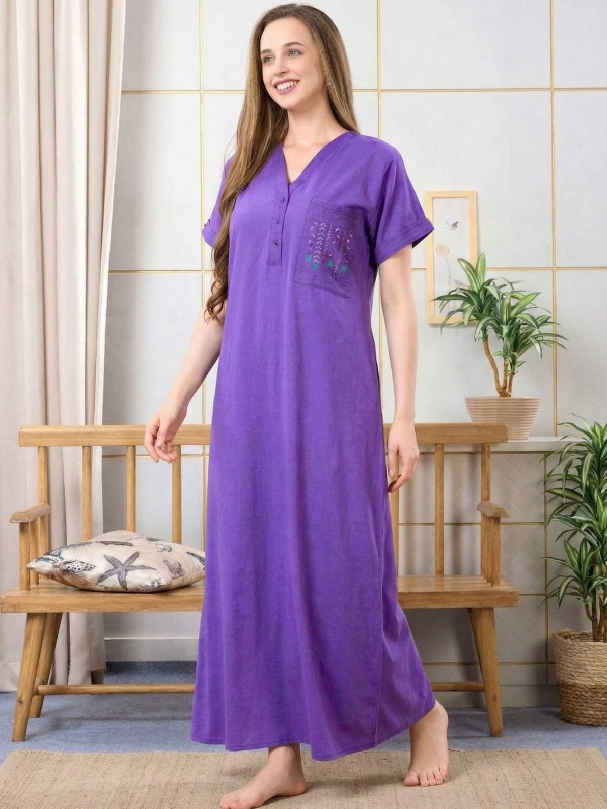 Inaya Lavender Pocket Embroidered Nightgown