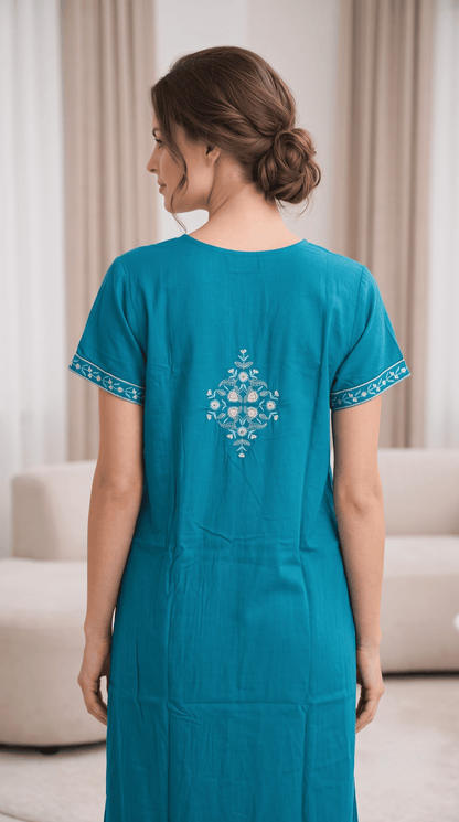 Aura Turquoise Blue Bloom Embroidered Nightgown