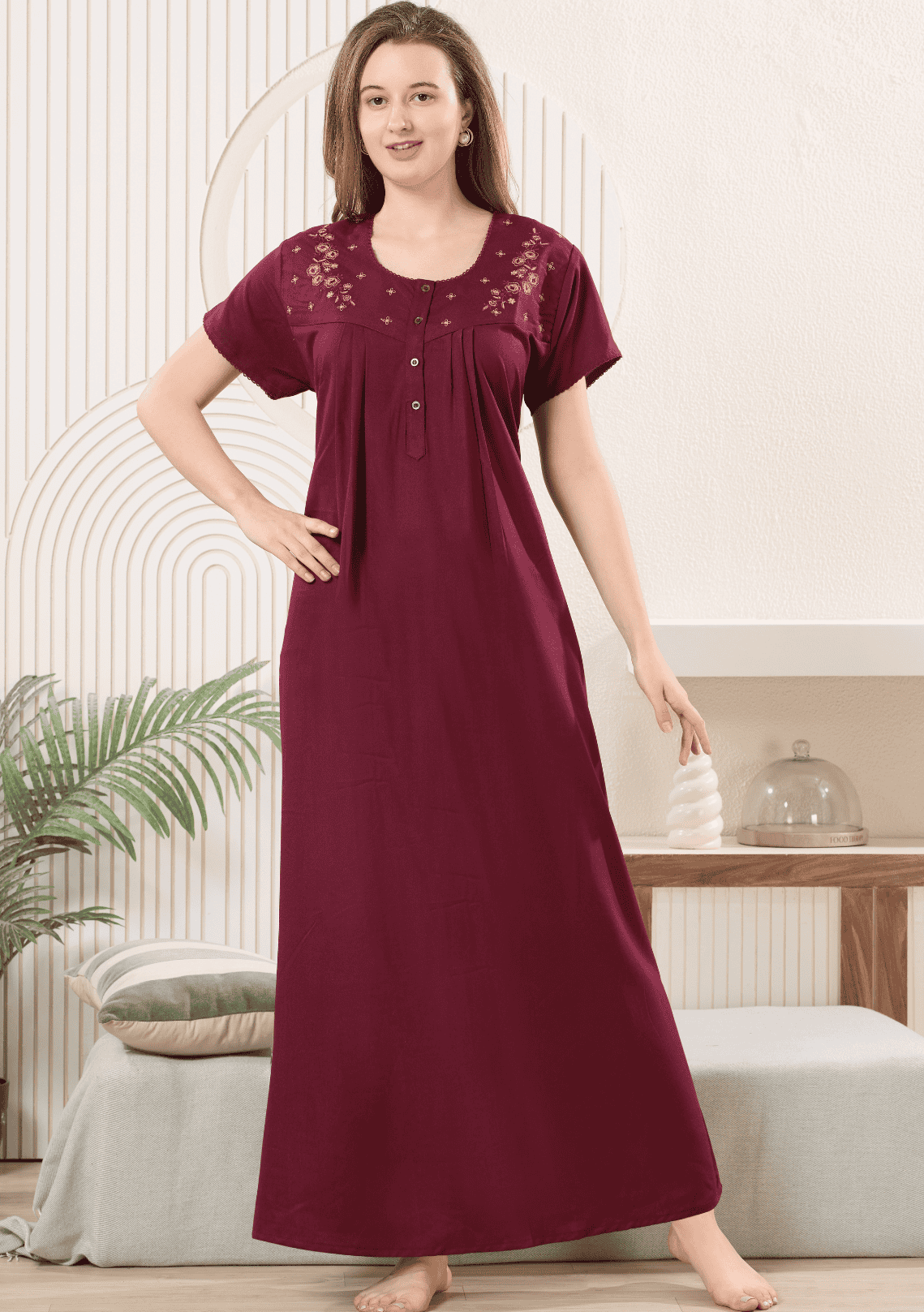 Anaya Wine Floral Embroidered Nightgown